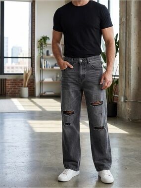 Men's Distressed Straight-Leg Jeans - Black Gray